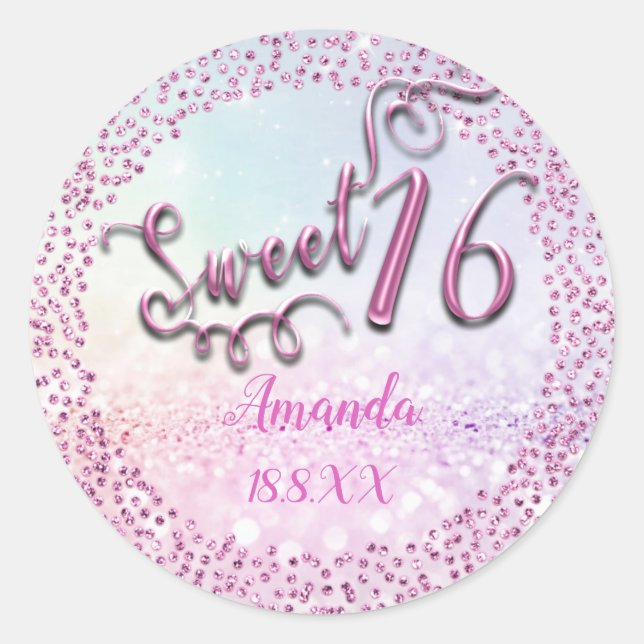 Pink Pastel Ombre Sweet 16th  Round Glitter Sparky Classic Round Sticker (Front)