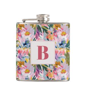 Pink Pastel Pink Abstract Floral Wedding Monogram Hip Flask