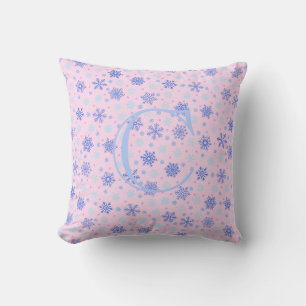 Pink Pastel Pink Snowflakes Elegant Chic Monogram Throw Pillow
