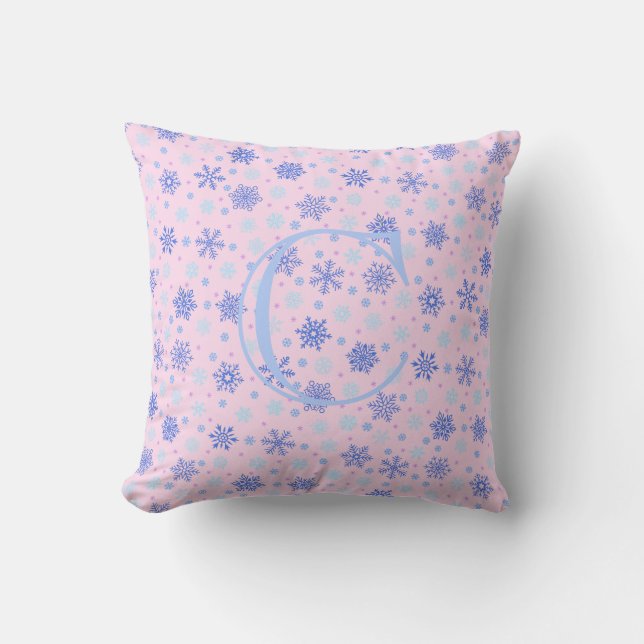 Pink Pastel Pink Snowflakes Elegant Chic Monogram Throw Pillow (Front)