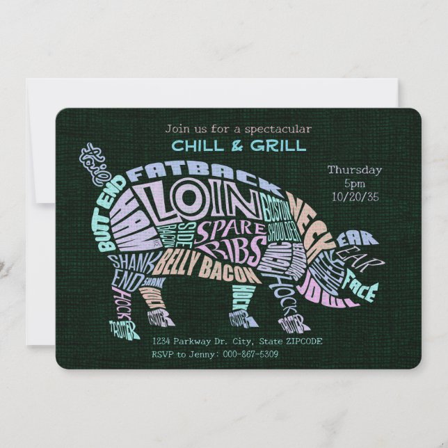 Pink Pastel Pork Cuts Typogram Word Cloud BBQ Invitation (Front)