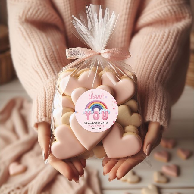 Pink Pastel Rainbow Birthday Thank You Classic Round Sticker (Creator Uploaded)