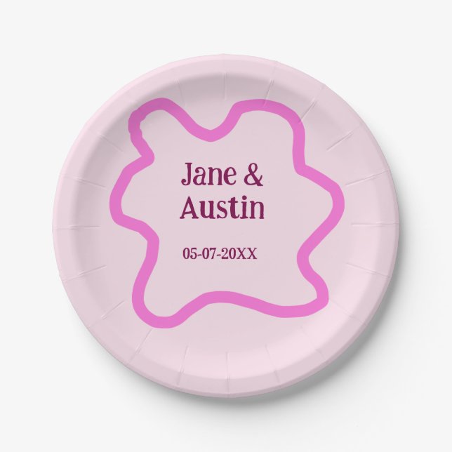 Pink pastel retro wedding border frame name date paper plate (Front)