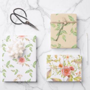 Pink Pastel Roses and Green Leaves Assorted Wrapping Paper Sheet