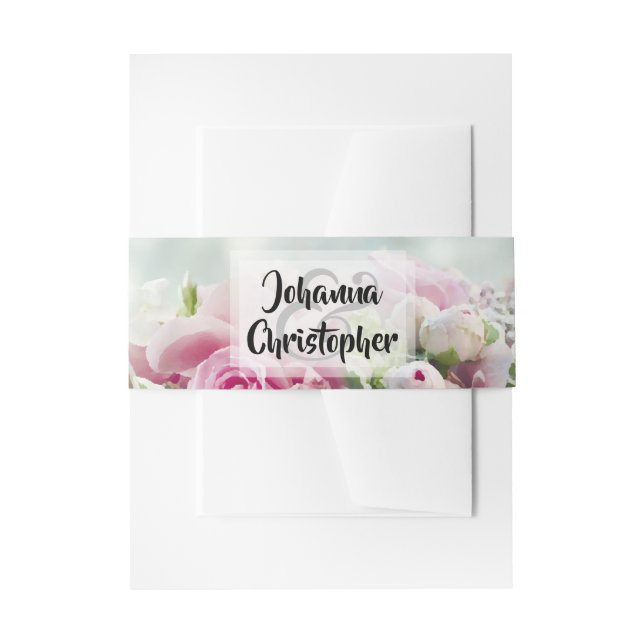 Pink Pastel Roses Bold Script Wedding Invitation Belly Band (Front Example)