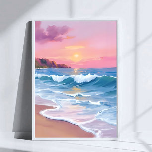 Pink Pastel Skies Ocean Watercolor Beach Waves Poster