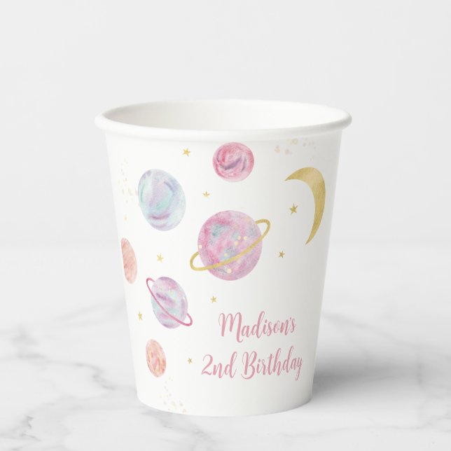 Pink Pastel Two the Moon Space Birthday Paper Cups (Front)