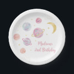 Pink Pastel Two the Moon Space Birthday Paper Plate<br><div class="desc">This adorable design features hand painted watercolor planets with faux gold foil stars.</div>