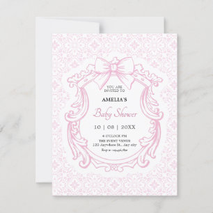 Pink pastel vintage ornate bow baby shower invitation