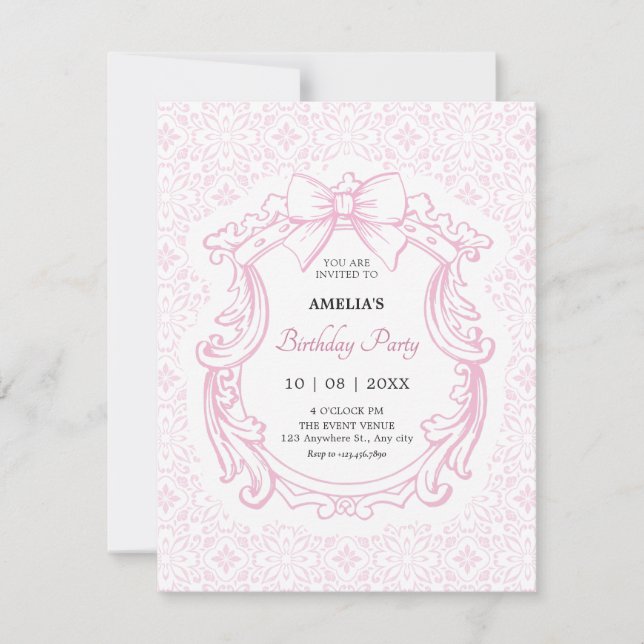 Pink pastel vintage ornate bow birthday  invitation (Front)