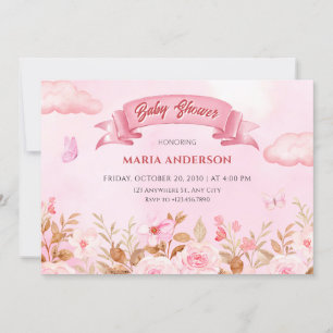 Pink pastel watercolor floral garden baby shower invitation