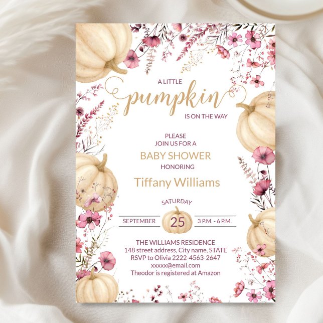 Pink Pastel Watercolor Pumpkin fall wild flowers Invitation (Pink Rustic Pumpkin Baby Shower Invitation | Neutral Fall Floral Autumn Theme)