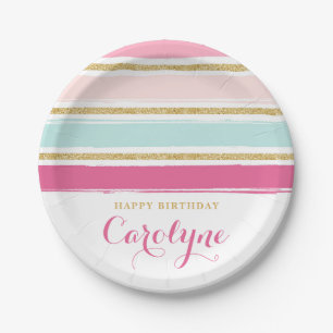 Pink Pastel Watercolor Stripes with Gold Glitter Paper Plate