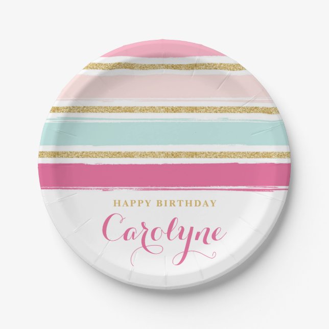 Pink Pastel Watercolor Stripes with Gold Glitter Paper Plate (Front)