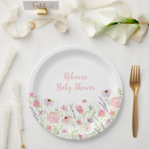 Pink Pastel Wildflower Baby Shower Paper Plate