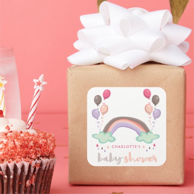 Pink Pastels Rainbow And Balloons Girl Baby Shower Square Sticker (Party)