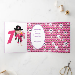 Pink Pastle Pirate Girl 7th Birthday  Tri-Fold Card