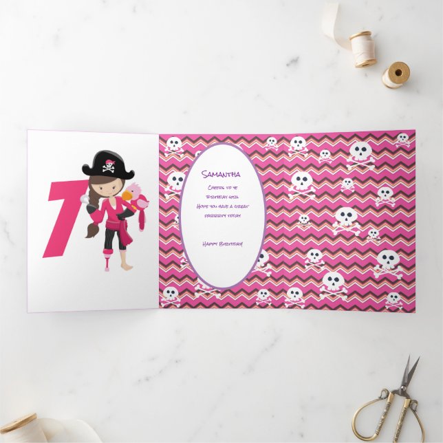 Pink Pastle Pirate Girl 7th Birthday  Tri-Fold Card (Inside)