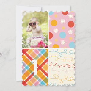 Pink Patchwork Dot Pattern Girl Photo 1st Birthday Invitation