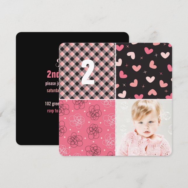Pink Patchwork Pattern Squares Girl Photo Birthday Invitation (Front/Back)