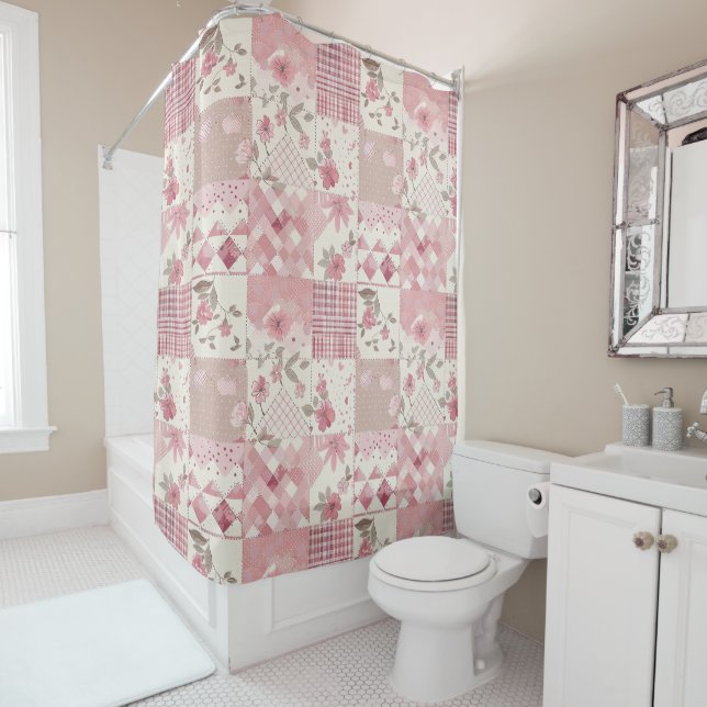 Pink Patchwork Quilt Rustic Floral Retro  (In Situ)