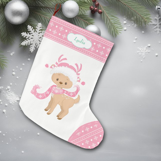 Pink Pattern Santa Deer with Scarf Large Christmas Stocking (Creator Uploaded)