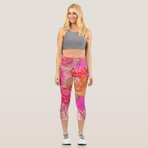 Pink pattern with flowers and plants  capri leggings
