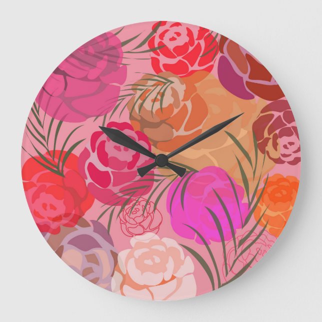 Pink pattern with flowers and plants large clock (Front)