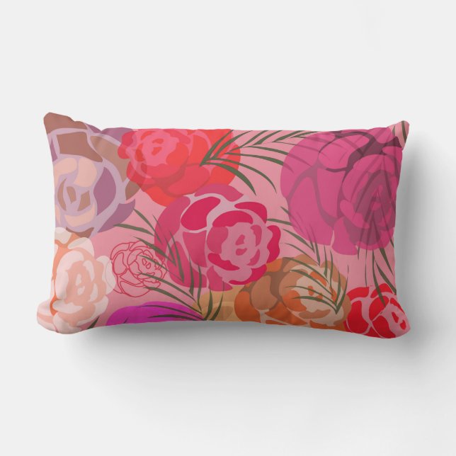 Pink pattern with flowers and plants lumbar pillow (Front)