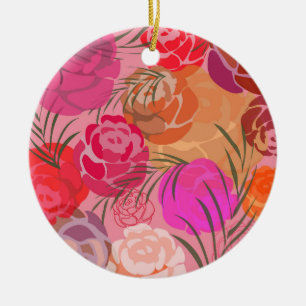 Pink pattern with flowers and plants throw pillow ceramic ornament