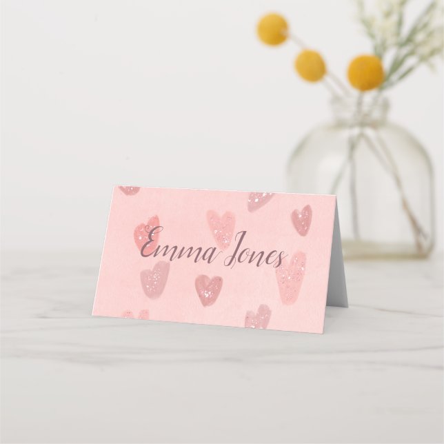 Pink Patterned Cute Hearts Place Card (Front)
