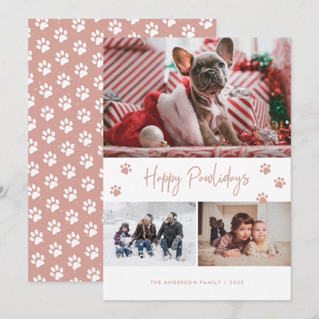 Pink Paw Print 3 Photo Collage Happy Pawlidays Pet Holiday Card (Front/Back)