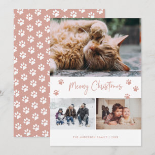Pink Paw Print 3 Photo Collage Meowy Christmas Pet Holiday Card