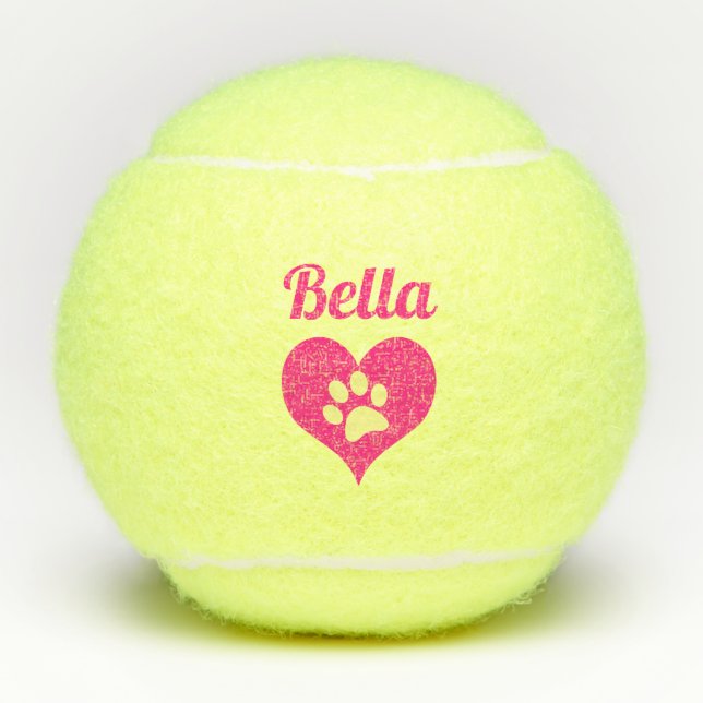 Pink Paw Print Heart Dogs Name Personalized Tennis Balls (Front)