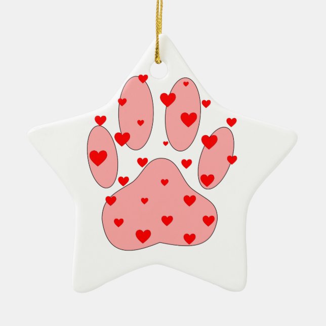 Pink Paw Print With Hearts Ceramic Ornament (Front)