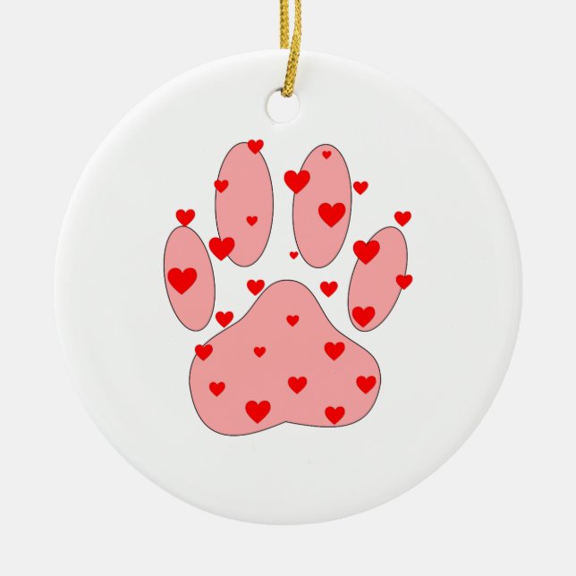 Pink Paw Print With Hearts Ceramic Ornament (Front)