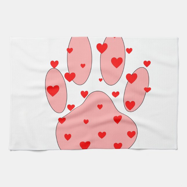 Pink Paw Print With Hearts Kitchen Towel (Horizontal)