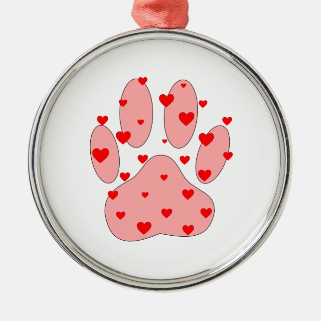 Pink Paw Print With Hearts Metal Ornament (Front)