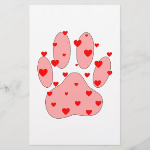 Pink Paw Print With Hearts Stationery