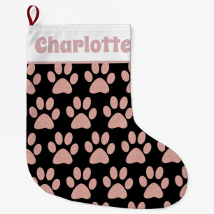 Pink Paw Prints on Black with Pet Name Large Christmas Stocking
