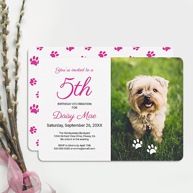 Pink Paw Prints Pet Birthday Photo Invitation (Creator Uploaded)