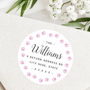 Pink paw prints return address labels