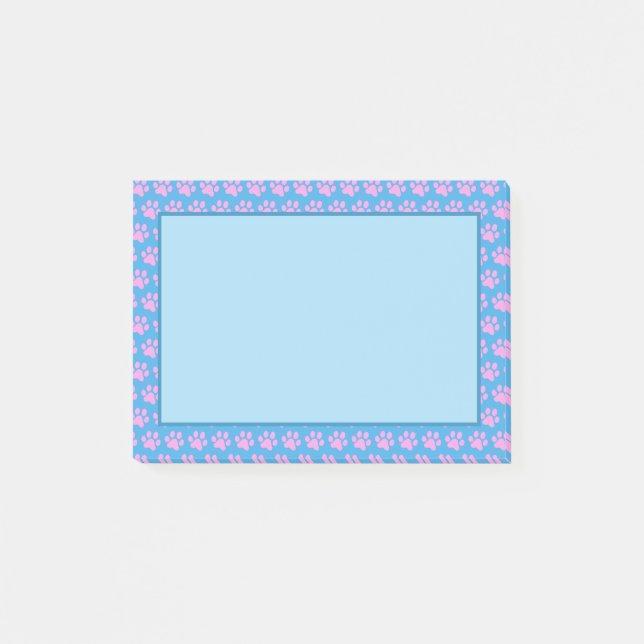 Pink Paw Prints with Blue Background Post-it Notes (Front)