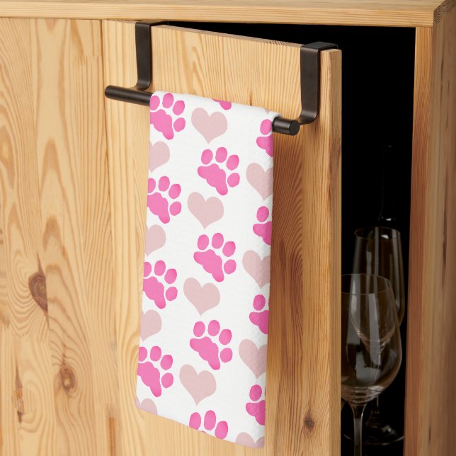 Pink Pawprints and hearts Kitchen Towel (Thirds Fold)