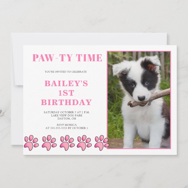 Pink Pawty Time Dog Birthday Invitation (Front)