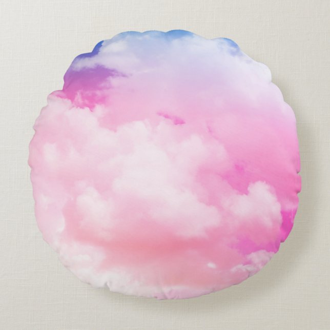 pink, peace, blue, yellow clouds and sky. Abstract Round Pillow (Front)