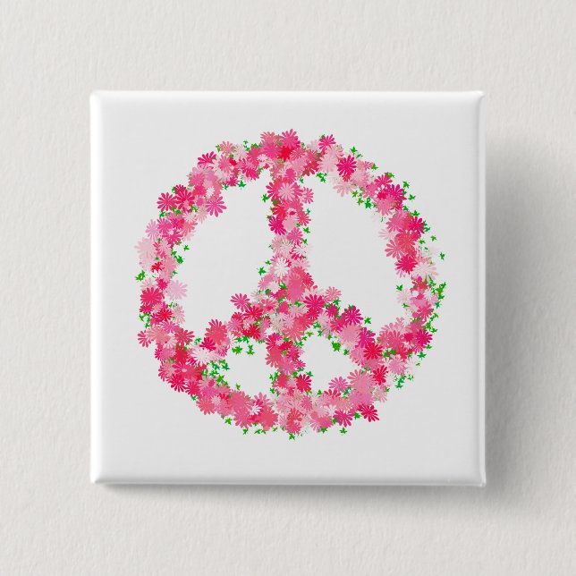 Pink Peace Flowers 2 Inch Square Button (Front)