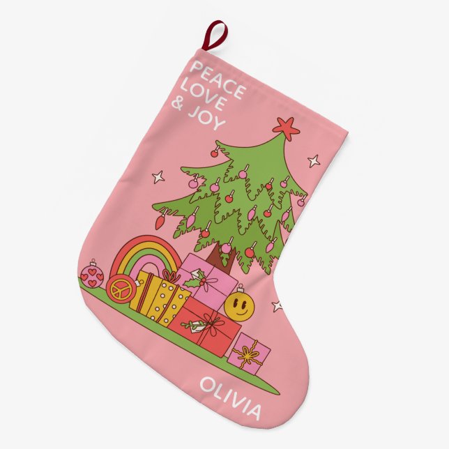 Pink Peace, Love & Joy Retro Christmas Tree Large Christmas Stocking (Front (Hanging))