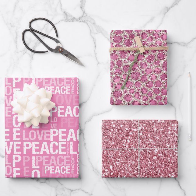 Pink Peace Love Leopard Glitter   Wrapping Paper Sheet (Front)