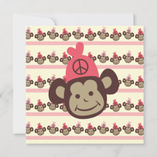 Pink Peace Monkey Custom Birthday Invitation